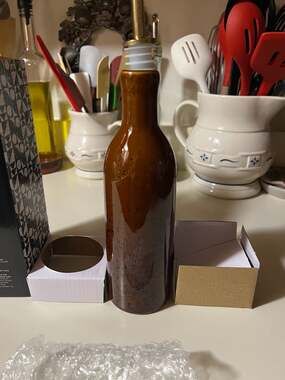Ceramic Oil Cruet with Brass Pourer (Brown Spatula Pattern)